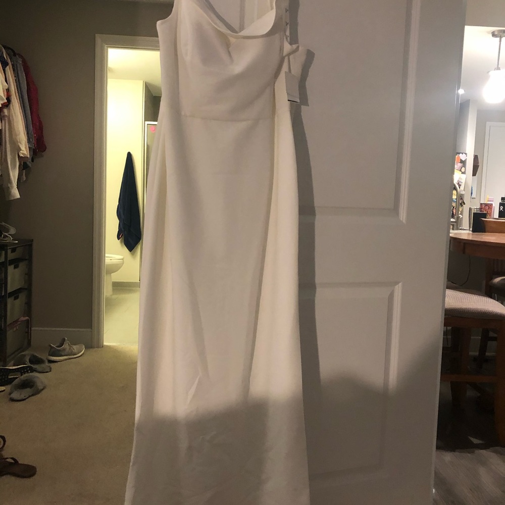 White one shoulder maxi dress with leg slit